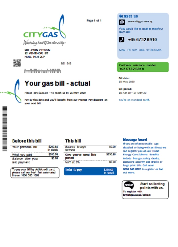 Singapore City Gas utility bill template in Word and PDF format